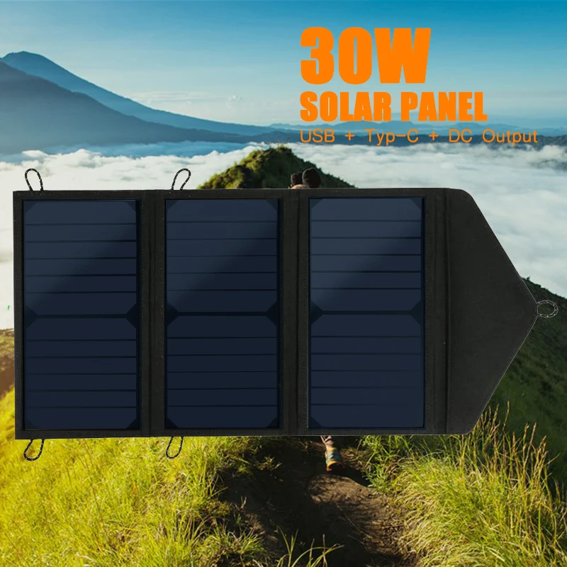 30W Solar Panel Solar Plate Cell Dual USB 5V Type C Fold Portable Waterproof For Hiking Camping Mobile Phone Power Bank Charging
