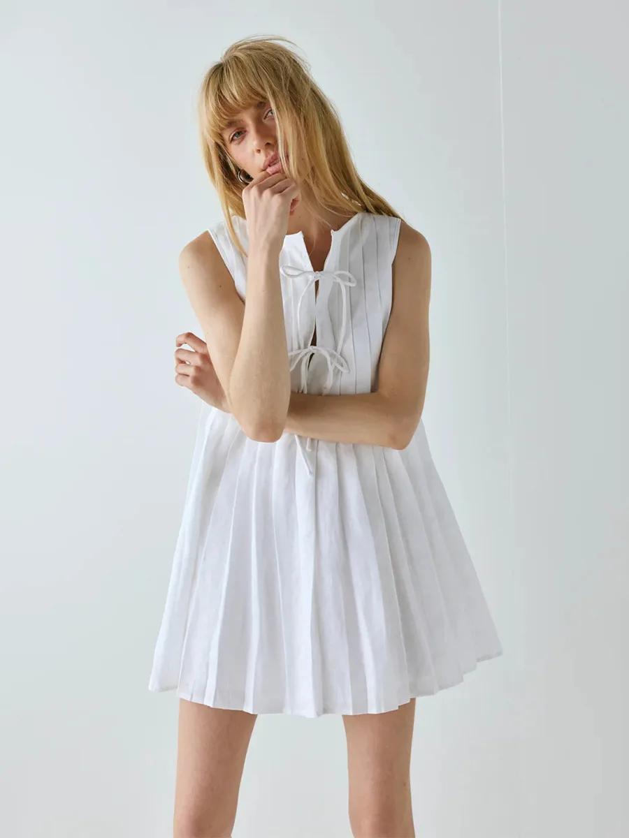 Bornladies Women's 2026 Summer New Pleated Tank Dress Fresh Relaxed Style Pleat Mini Short Dress