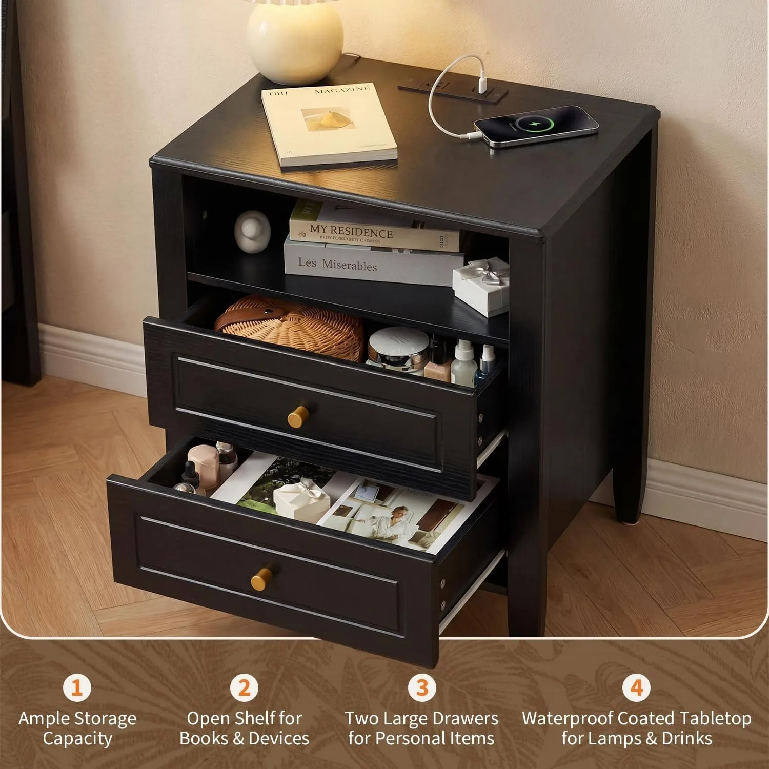 Nightstand with Charging Station 2 Drawers and Open Shelf Modern Bedside Table End Table with USB Type C Port AC Outlet Farmhouse Storage Cabinet for Bedroom Living Room Dorm Black 3 Nightstand with Charging Station 2 Drawers and Open Shelf Modern Bedside Table End Table with USB Type C Port AC Outlet Farmhouse Storage Cabinet for Bedroom Living Room Dorm Black 3