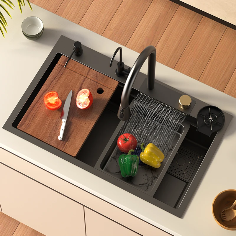 

New design multifunction waterfall faucet vessel basin black 304 stainless steel lavabo wash basin kitchen sink