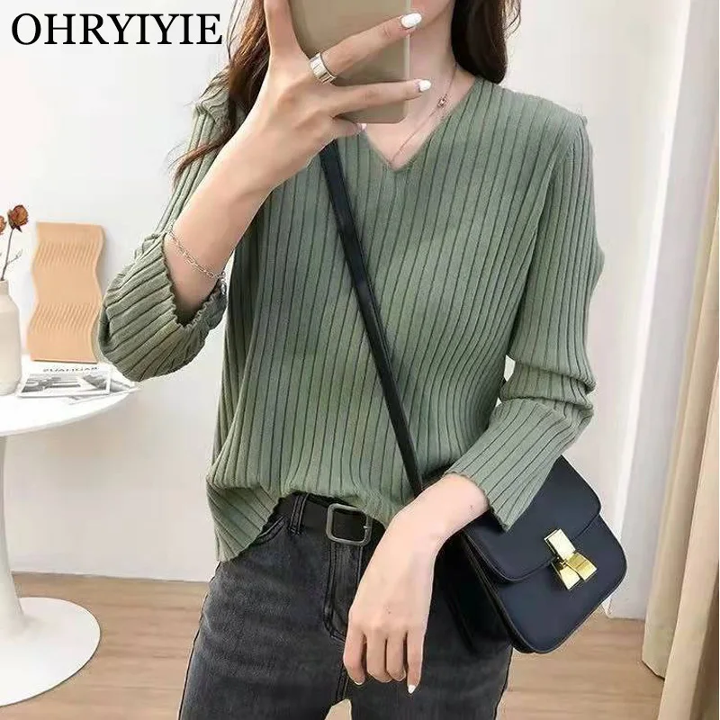 

OHRYIYIE Autumn Winter V-neck Slim Warm Pullovers Women 2023 New Casual Long Sleeve Knit Sweater Female Jumper Tops Pull Femme