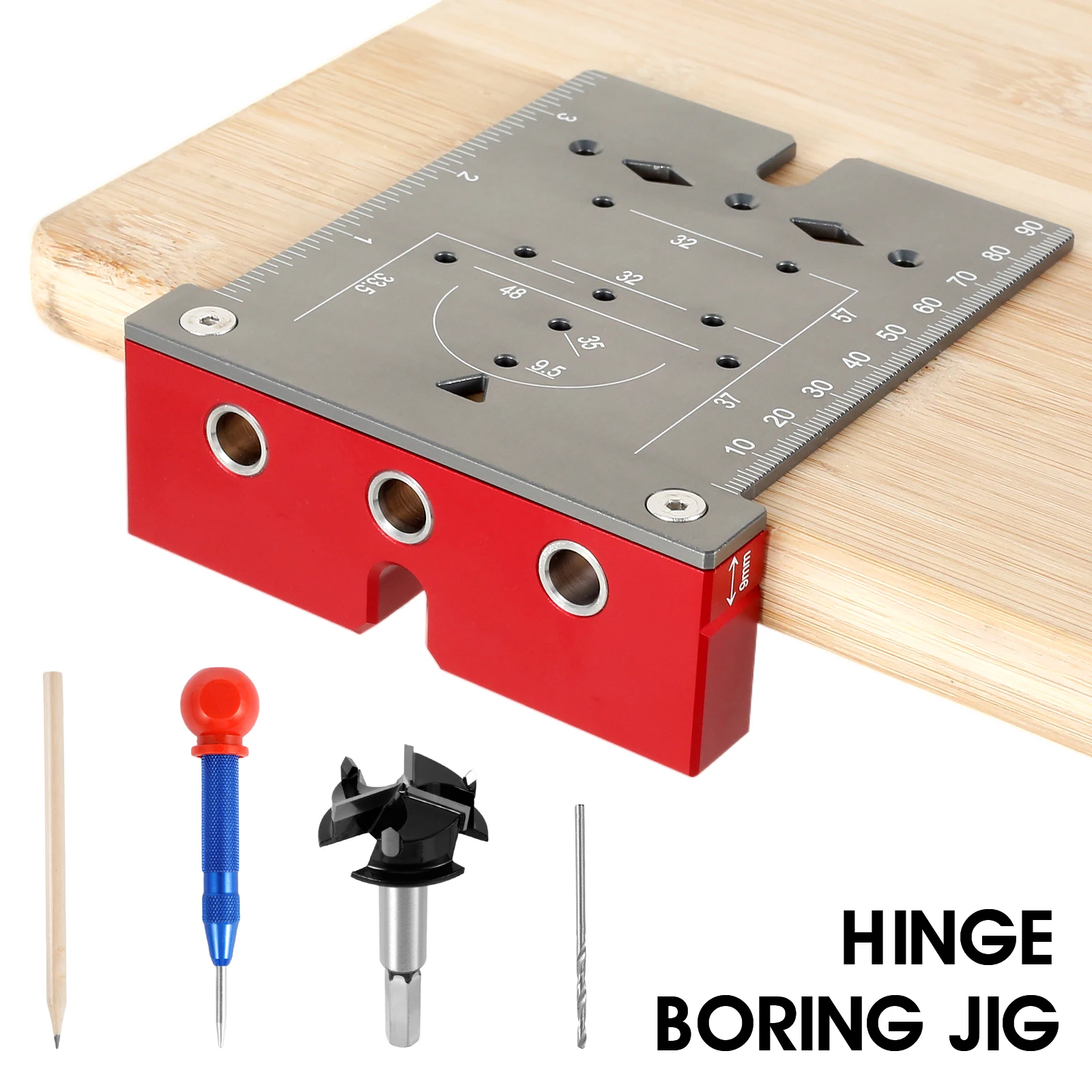 

35mm Hinge Punching Locator Aluminum Alloy Hinge Boring Jig with Inch Metric Scale Multi-Function Woodworking Drilling Locator