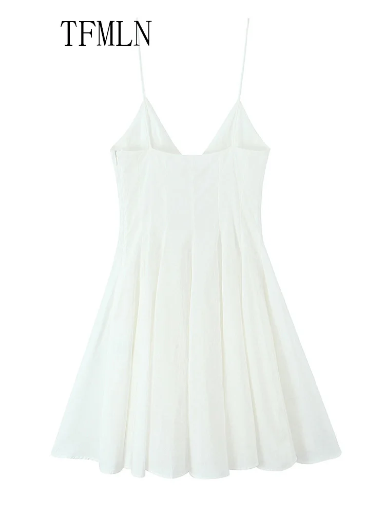 TFMLN Sweet Women Pleated Mini Strap Dress 2025 Summer Elegant V-neck Sleeveless Backless Party Dress Chic Causal A-line Dress