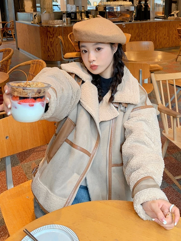 

Женское пальто из искусственного меха, утепленная короткая флисовая куртка из искусственной кожи на молнии, верхняя одежда, B22, осень/зима 2023