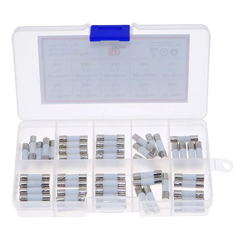 50pcs 10 Kinds Fast Ceramic Fuses Assortment Kit Box 250V 5mm x 20mm 0.25A 0.5A 1A 2A 3A 5A 8A 10A 15A 20 AMP Fuse Tube