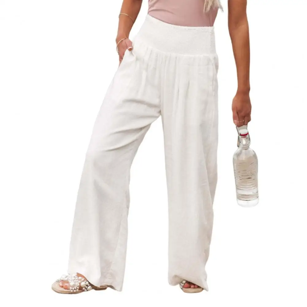 

Women Summer Pants Wide Leg Mid Elastic Waist Full Length Loose Chic Vintage Loose Wide Leg Pants Lady Pockets Trousers