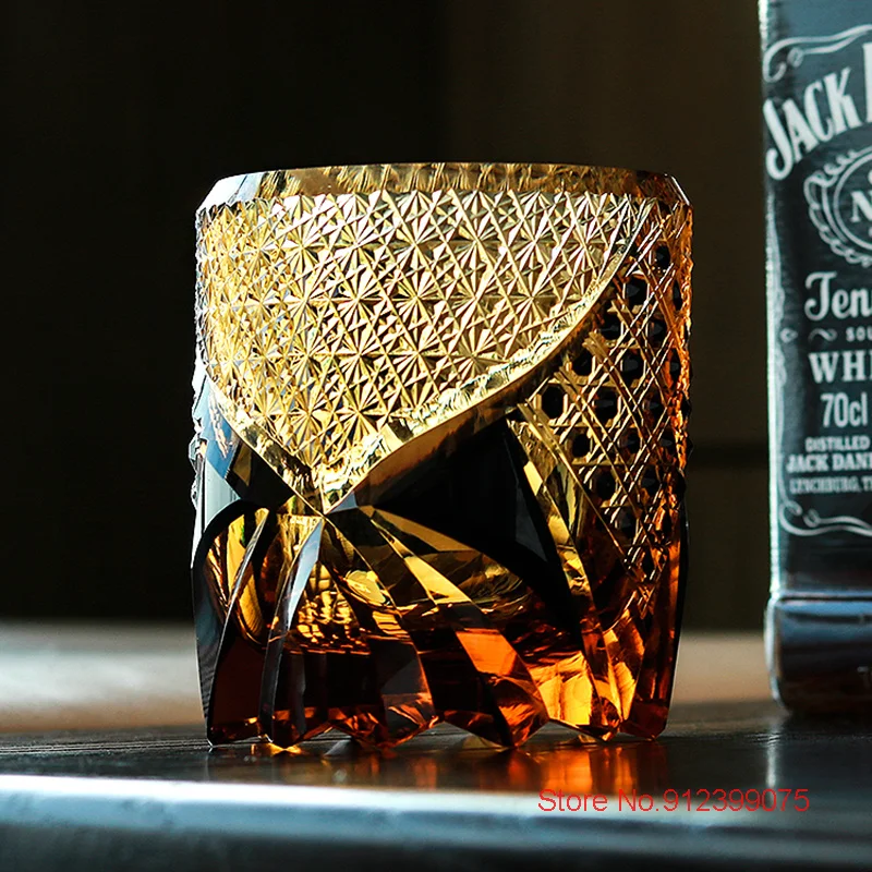 Amber Gem Whiskey Glass Japanese Edo Kiriko Crystal Wine Glasses Manual Diamond Cut 3D Relief Royal Court XO Whisky Tasting Cup