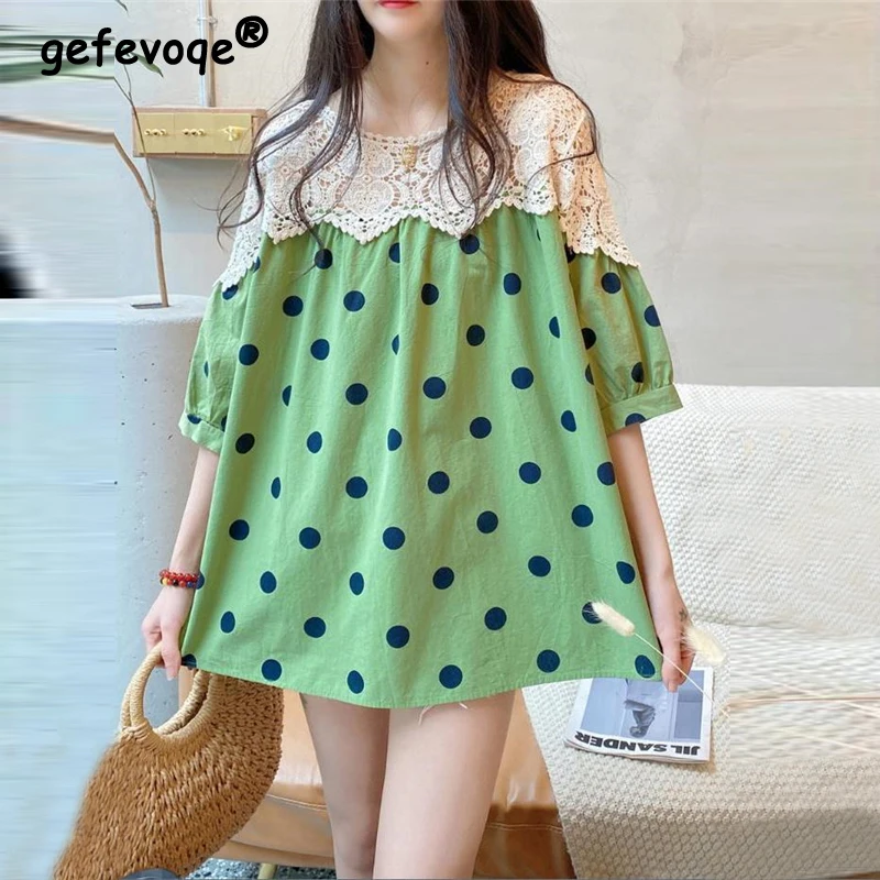 Women's Clothing Summer Polka Dot Print Lace Patchwork Kawaii Sweet Blouses Y2K Casual Loose Half Sleeve Shirt Cotton Linen Tops