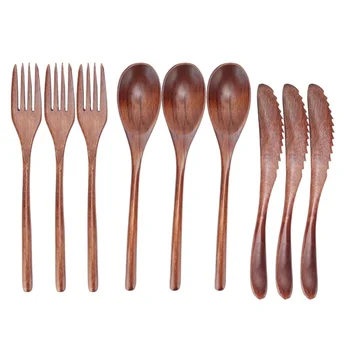 3Set Tableware Wooden Fork Spoon Knife Kit Kitchen Cutlery For Home Cafe Restaurant 1