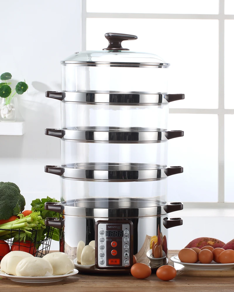 Sanmsie32cm Multi-function Super Large Electric Steamer Multi-layer Stainless Steel Transparent Steamer Buffet Food Warmer