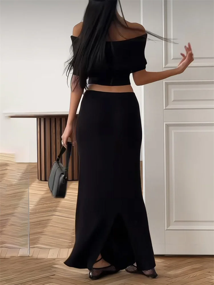 Knit Ribbed 2 Piece-Set Long Skirt For Women Backless Solid Cropped Sweater Pullover And Slim Knitwear Maxi Skirt Outfits