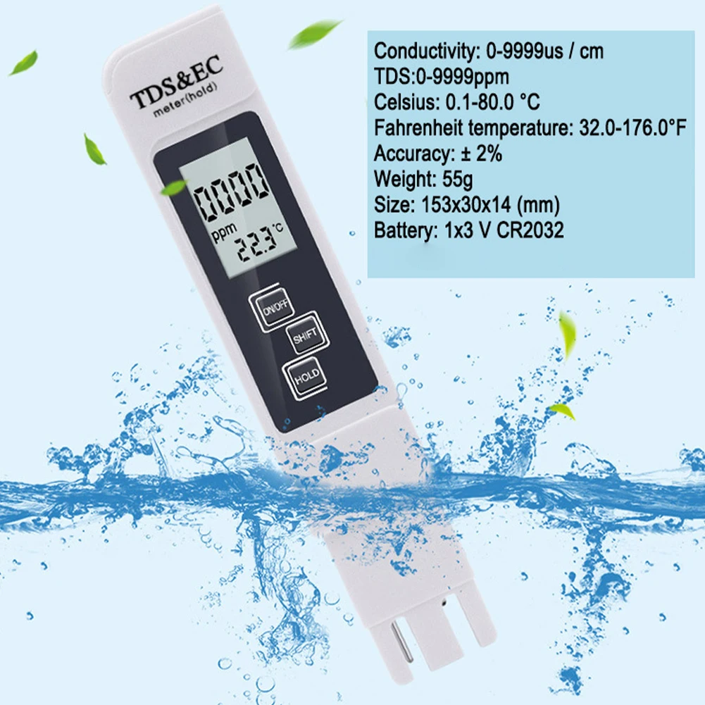 

Цифровой измеритель электропроводности, тестер качества воды для удобрений питьевой воды, диапазон концентрации 0-9990