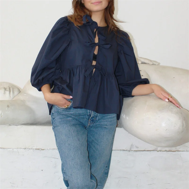 Camisas Y2K para mujer, ropa estética, elegante, color sólido/rayas, manga 3/4, cárdigan con lazo, blusa de los años 2000, ropa de calle