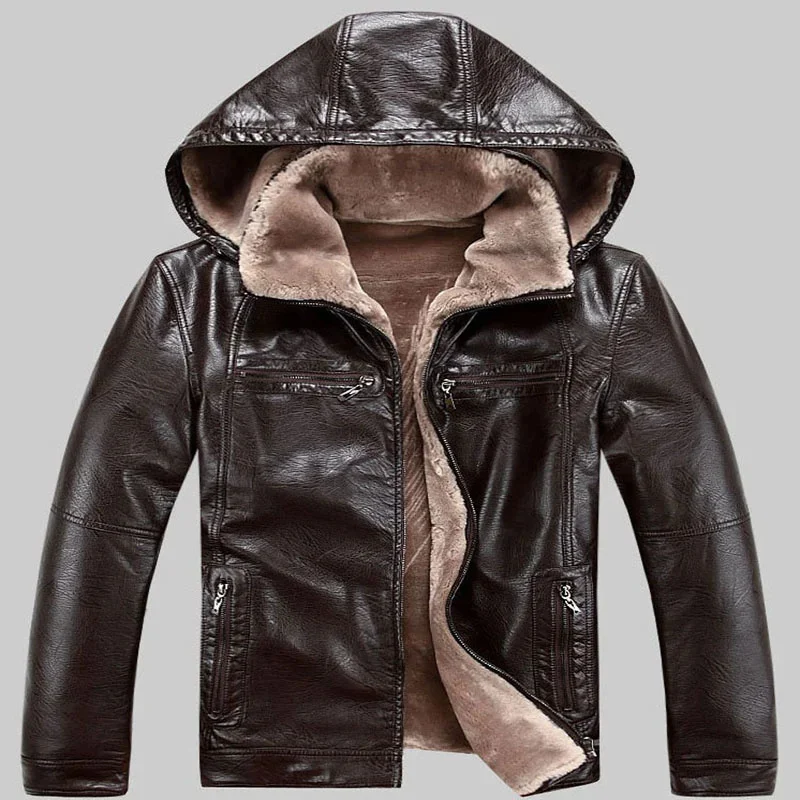 

Russia Winter Leather Jacket Men Thick Faux Fur Coat Casual Hooded Motorcycle Male Flocking Warm Overcoat