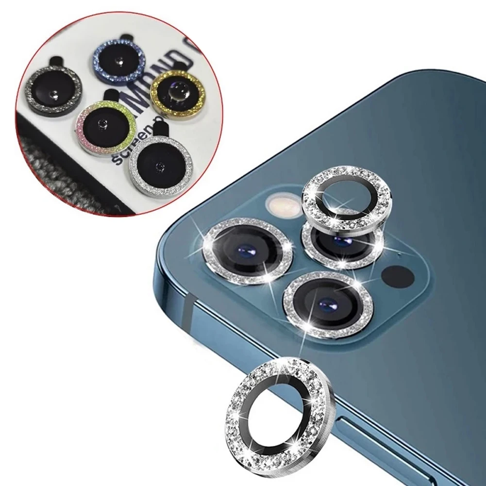 3Pcs Bling Diamond Camera Lens Protector Per Iphone 11 12 13 Pro Max 12 13 Mini Metal Ring Camera Lens Protezione In Vetro Temperato