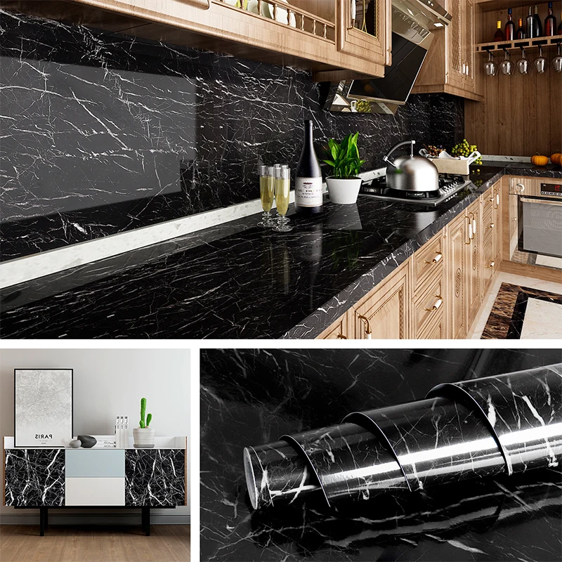 Black Marble Waterproof Oil-proof Self Adhesive Wallpaper Vinyl Wall Stickers Bathroom Bedroom Kitchen Cupboard Furniture Recap two functions white chrome black solid brass kitchen faucet cold hot water single hole single handle kitchen mixer faucet