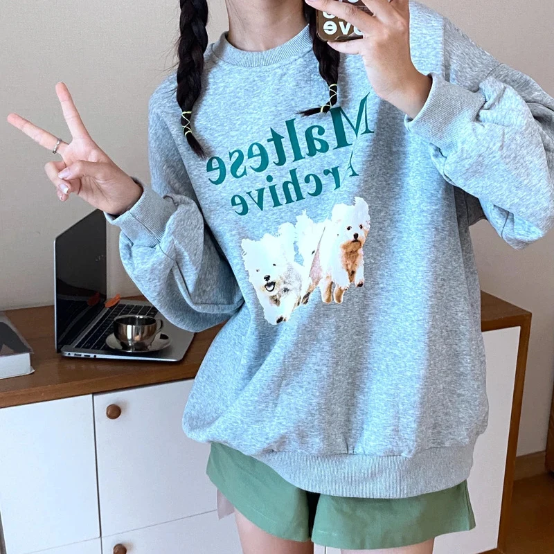 

Новинка, Осенний женский тонкий пуловер hahayule с принтом трех щенков, винтажная толстовка с круглым вырезом, Повседневная модная женская одежда с длинным рукавом