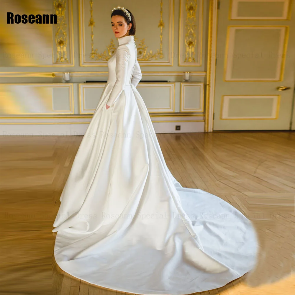 Muslim Exquisite A-line Wedding Dresses High Collar Belt Draped Pleat Brush Train Satin Bride Gown Floor Length robe de mariée 3
