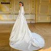 Muslim Exquisite A-line Wedding Dresses High Collar Belt Draped Pleat Brush Train Satin Bride Gown Floor Length robe de mariée 3
