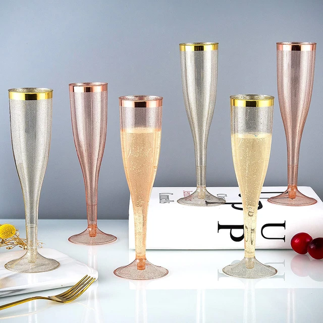 Gold Plastic Cups Clear Plastic Wine Glasses, Fancy Disposable Hard Plastic Cups with Gold Glitter for Party Cups 25pcs