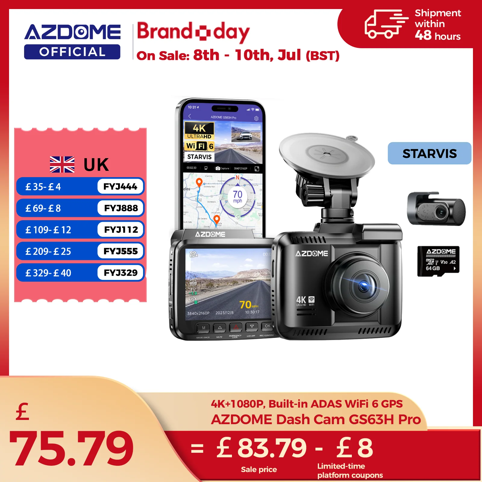AZDOME Dash Cam GS63H Pro 4K+1080P 2.4" IPS Screen 150°FOV Built-in ADAS WiFi 6 GPS Car DVR G-Sensor 24H Parking Monitor Camare
