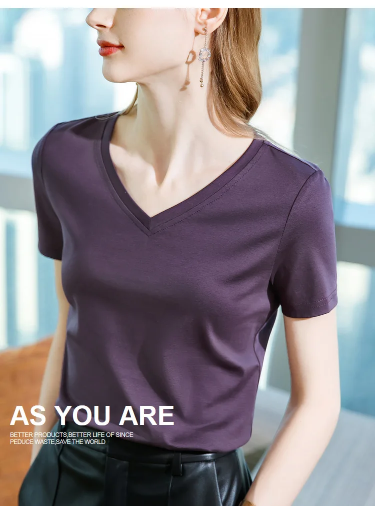 Ice Sensitive Silk Cotton V-neck Short Sleeved T-shirt for Women's Solid Round Neck Basic Commuting Elastic Oversized Top