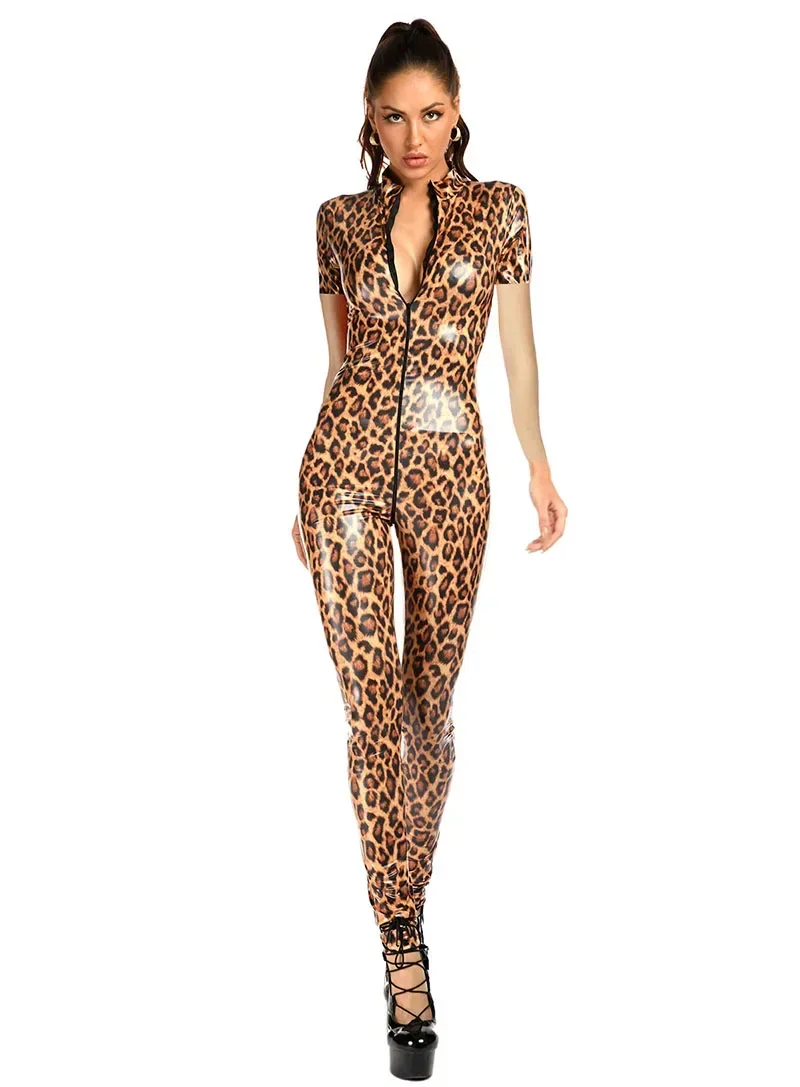 Sexy Latex PVC Leopard Print Bodysuit Patent Leather Rave Bar Catsuit Clubwear Long Sleeve Zipper Leotard Slim Fit Jumpsuit