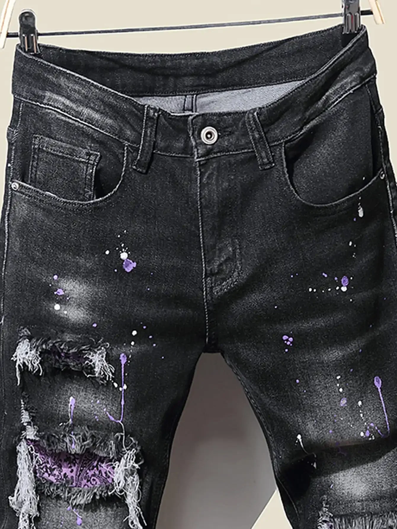New Men's Slim Jeans With Ripped Tassel Holes And elastic Paint Spray Black Stitching Beggar Pants men designer jeans for men