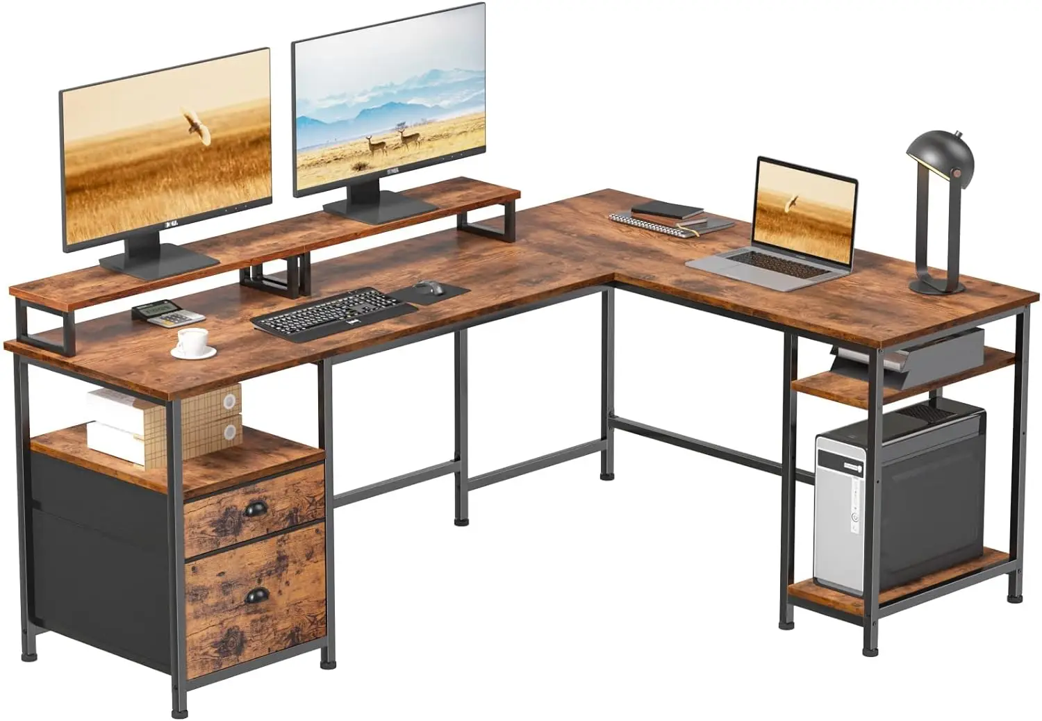 

Furologee 66" L Shaped Computer Desk with Shelves, Reversible Corner Gaming Desk with File Drawer and Dual Monitor Stand, Large