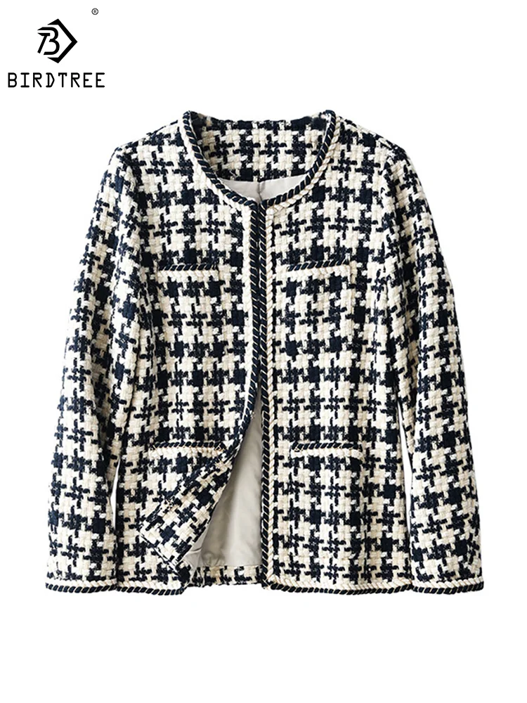 

Birdtree Sheep Wool Blending Classic Look Coat O Neck Long Sleeves Bird Lattice Versatile Commute Short Coats Fall New C30922QM