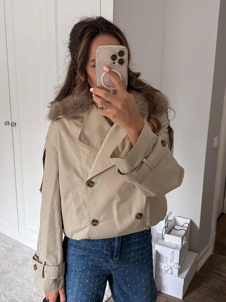 HH Women Chic Double Breasted Cropped Trench Coat With Faux Fur Collar long sleeve jacket fashion high street lady Outerwear