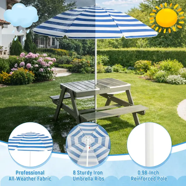 4 In 1 Kids Sand Water Table With Removable Weatherproof Umbrella Wooden Outdoor Picnic Table With 2 Covered Bins For Toddlers Sensory Table For Boys Girls