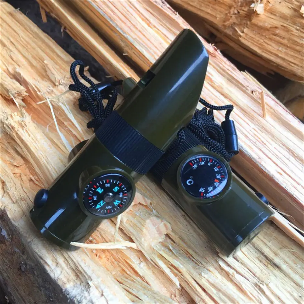 Survival Whistle 7 In 1 ABS High-strength Compass Thermometer Signal Mirror Magnifying Glass Flashlight survival whistle