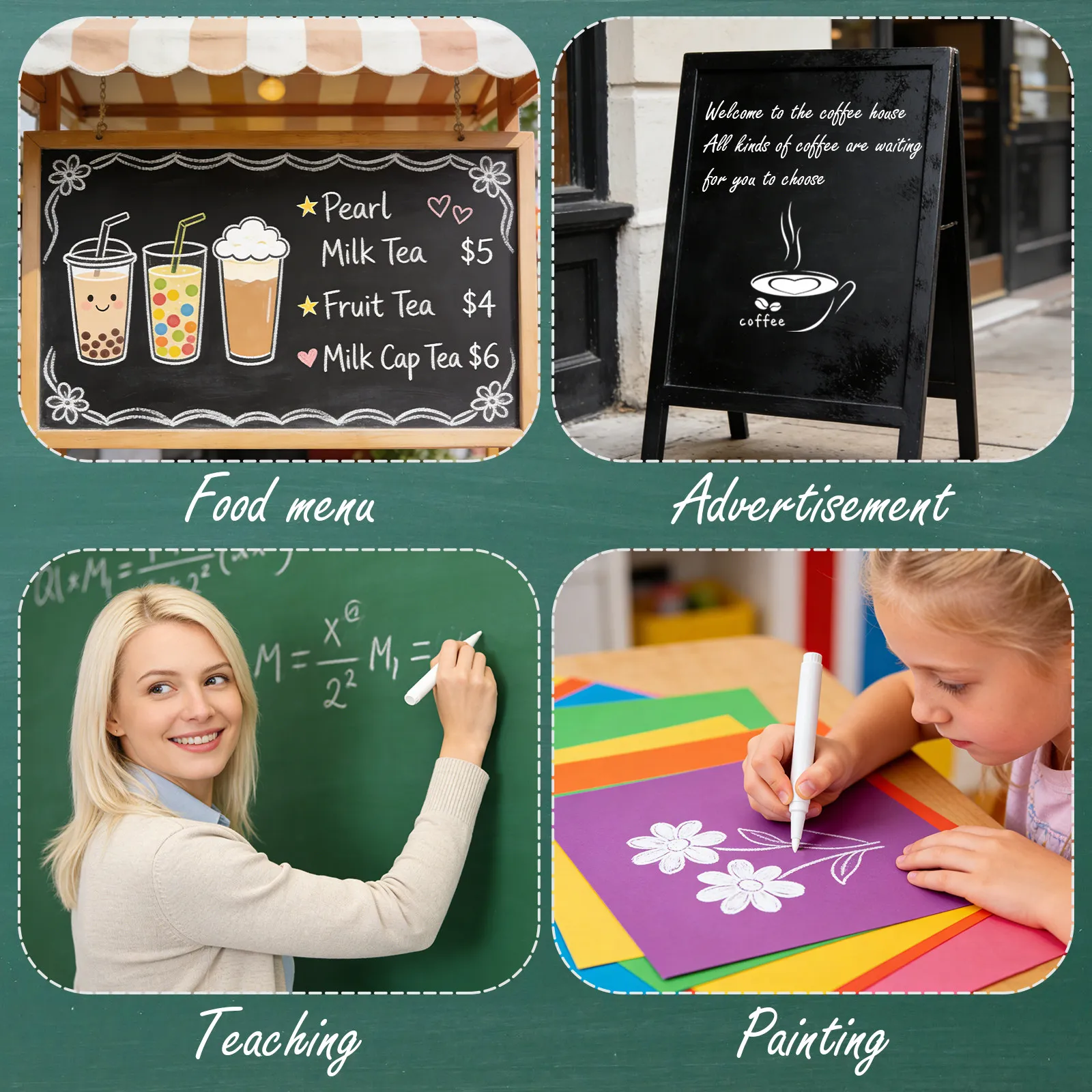 4Pcs 흰색 액체 분필 지울 수있는 마커 칠판 유리 자동차 창문 용 미세 팁 그리기 쓰기 흰색 분필 마커