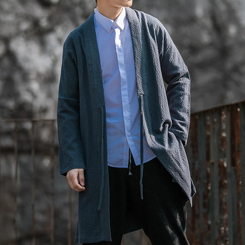 Men Chinese Traditional Dress Medium Length Coat Cotton Linen Windbreaker