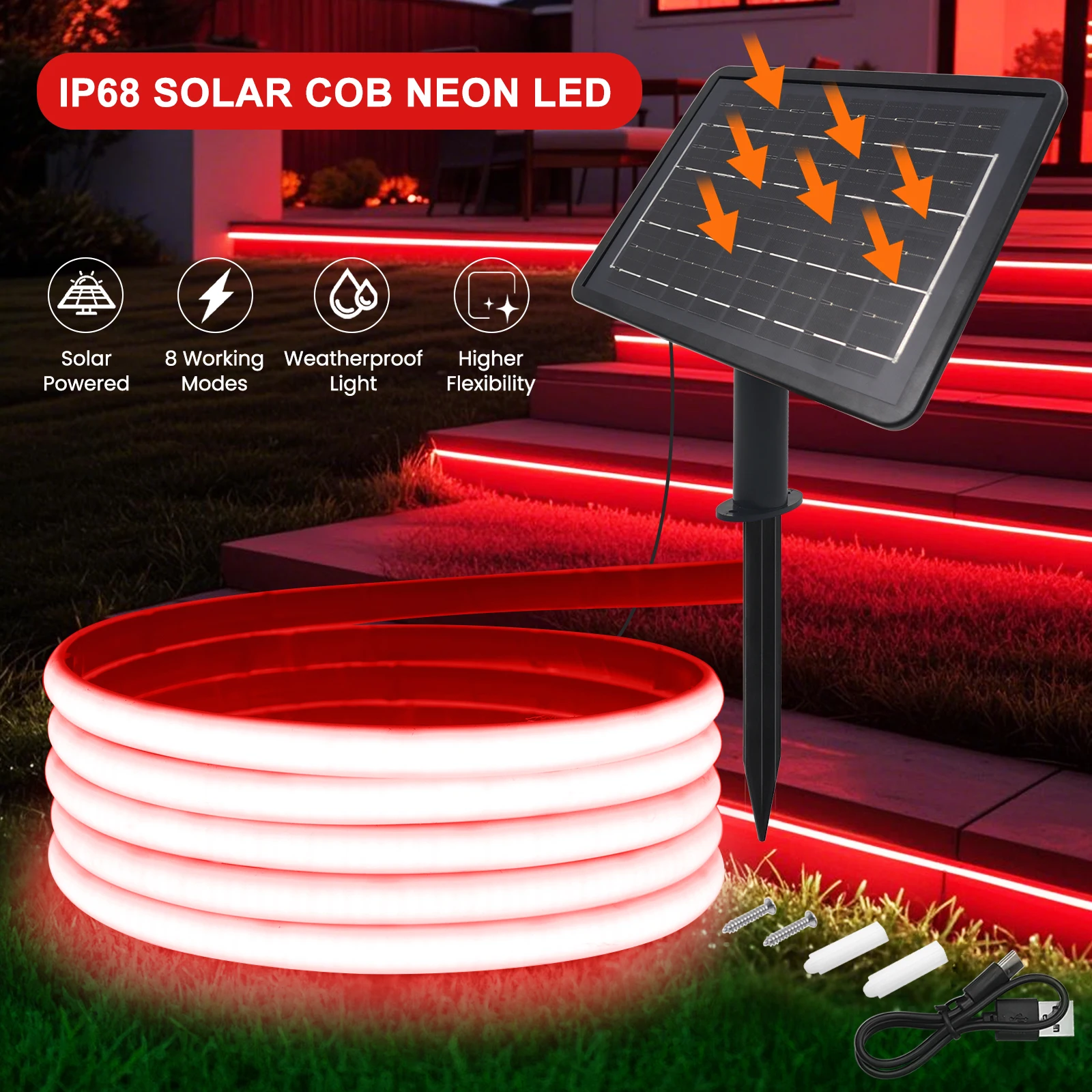 24V COB Neon-Streifen IP68 Wasserdicht Weiß/Rot/Eisblau/Rosa/Grün/Lila Solarbetriebenes Flexibles Band LED-Licht – Detail 24