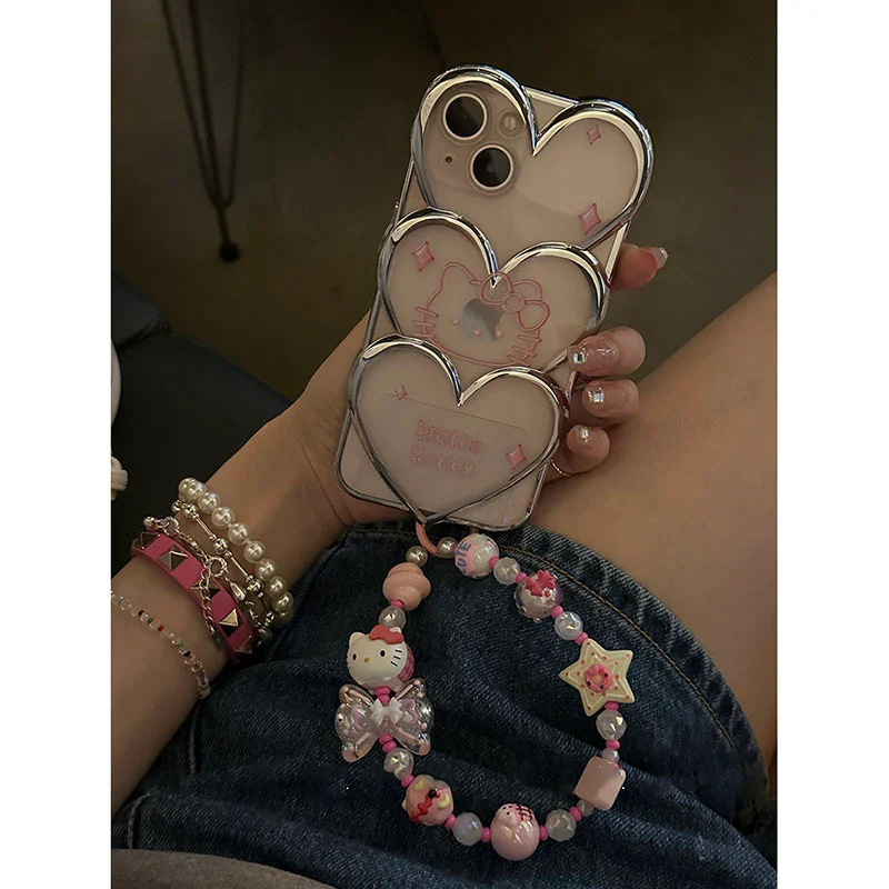 Pink Hello Kitty European Charm Bracelet With Pink Hearts And Rhinestone  Beads