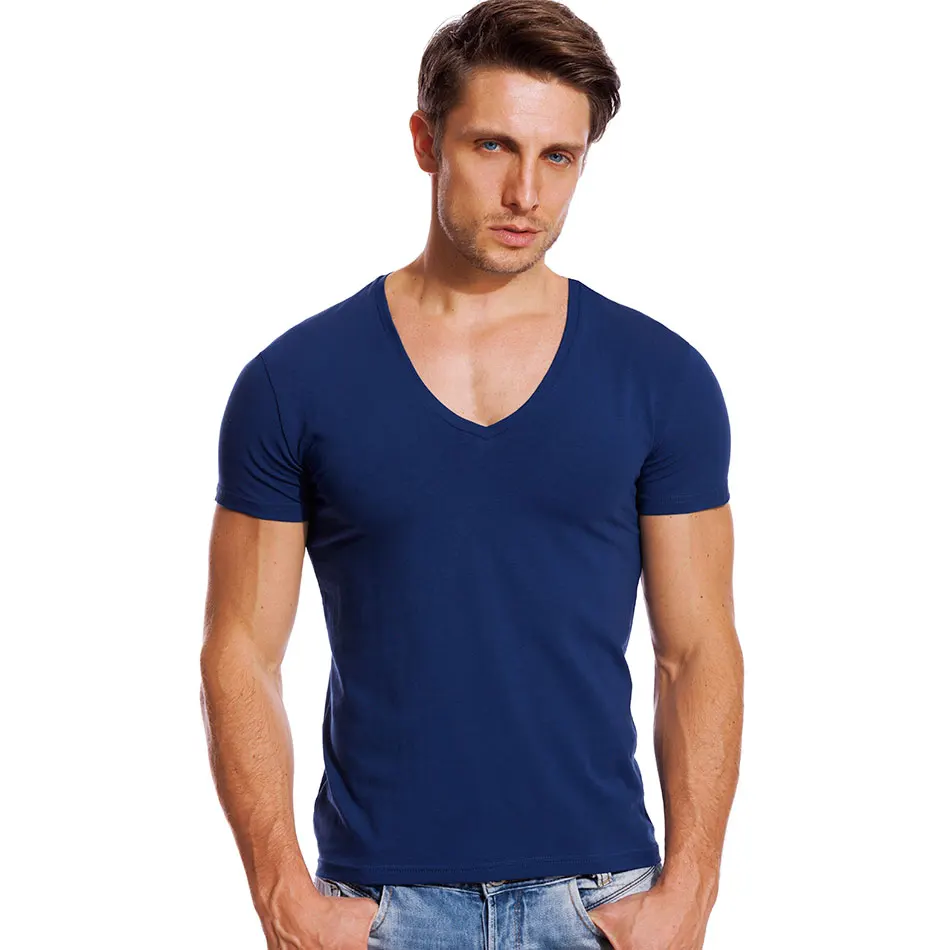 Solid-V-Neck-T-Shirt-for-Men-Low-Cut-Stretch-Vee-Top-Tees-Slim-Fit ...
