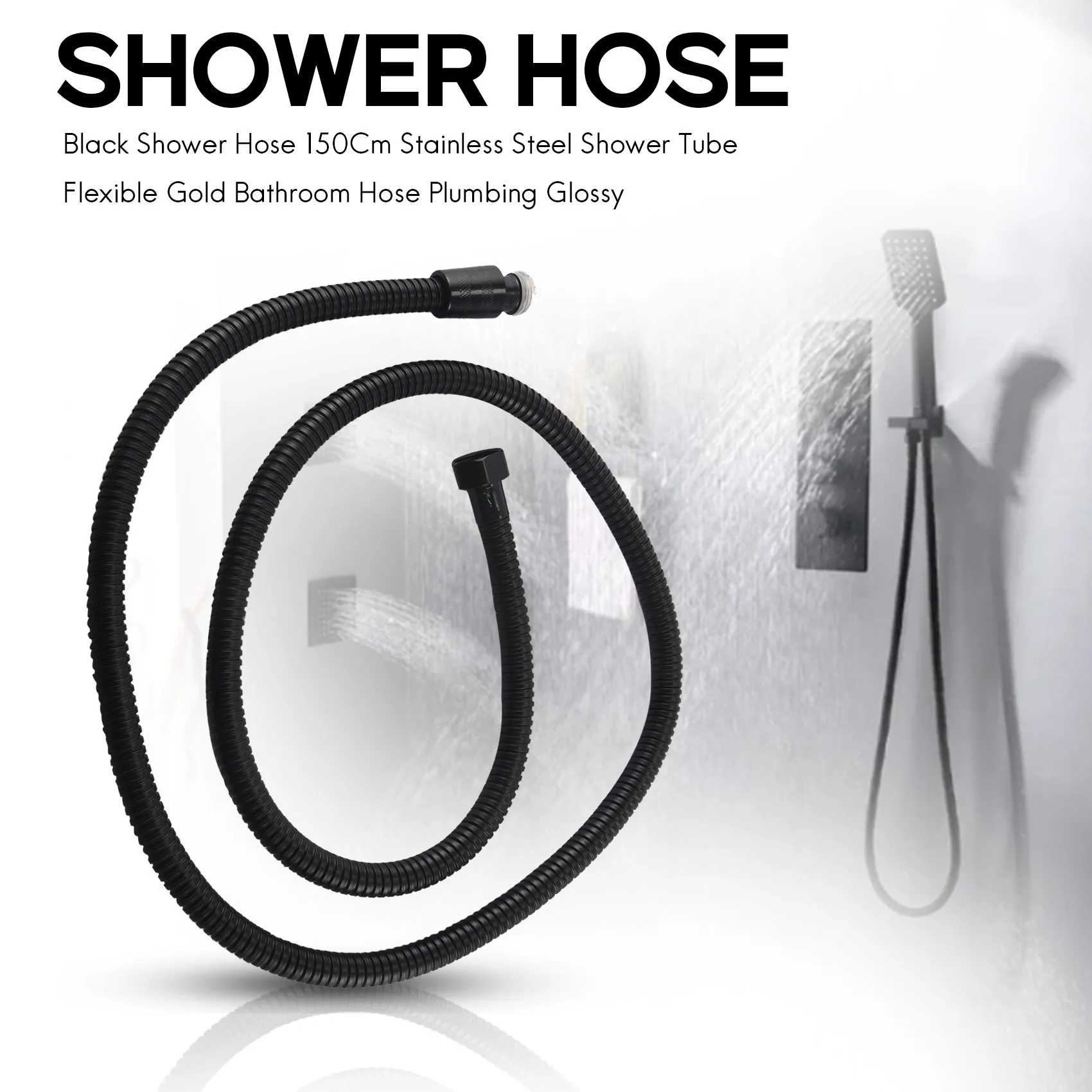 Black Shower Hose 150Cm Stainless Steel Shower Tube Flexible Gold Bathroom Hose Plumbing Glossy