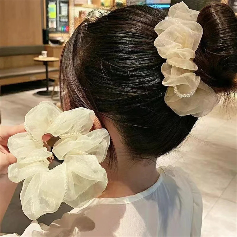 

Temperament Pearl Organza Large Intestine Ring Korean Version Head Rope Female Pearl Mesh Hair Ring Hair Accessories