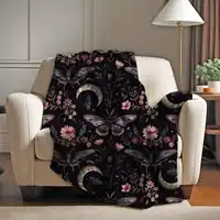 Aesthetic Botanical Whimsicore Forestcore Fleece Sherpa Blanket, Soft Throw for Halloween, Moon Phases Lunar Moth Witchy 1