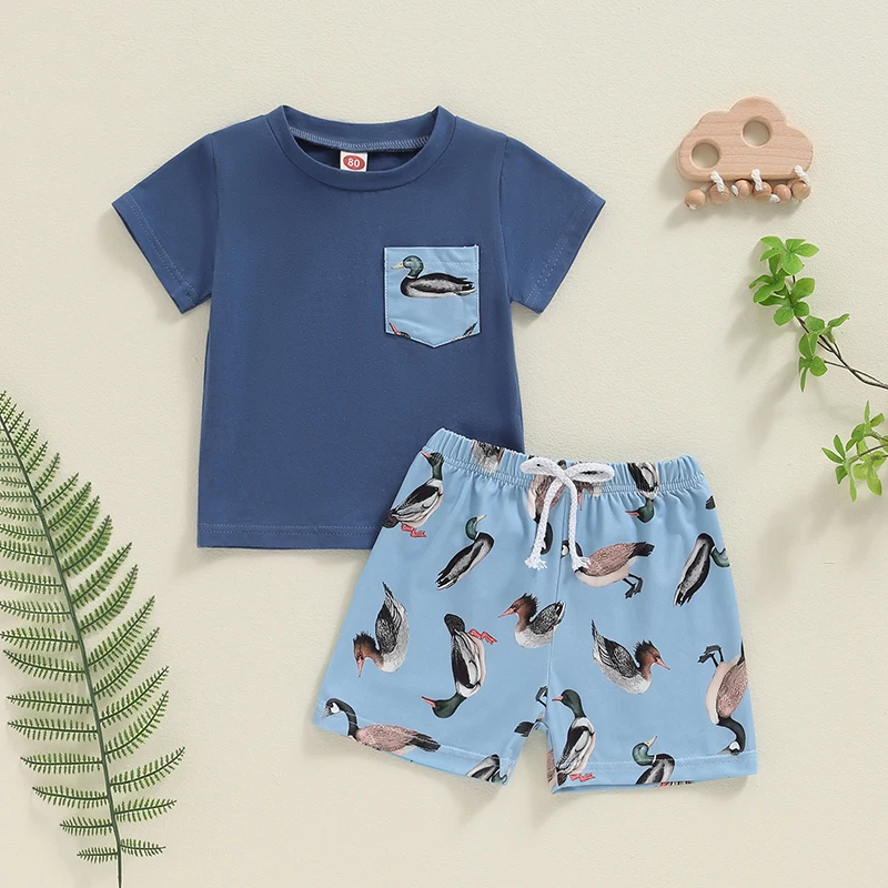 Toddler Baby Boy Summer Outfit Duck Print Short Sleeve T-Shirt Elastic Waist Shorts Set