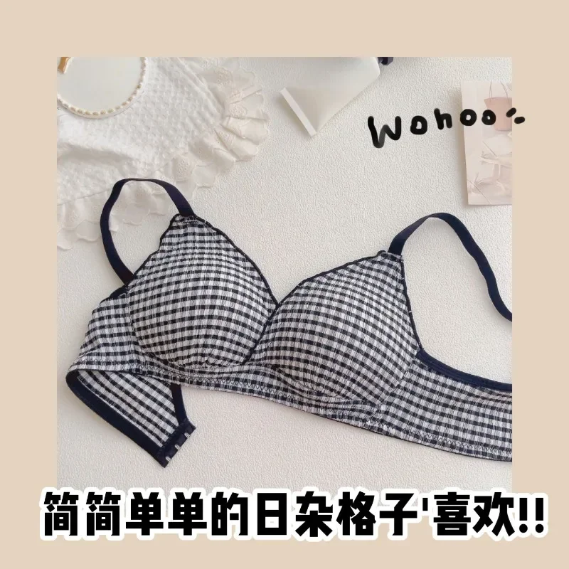 

Pleated Wooden Ear Edge Plaid Small Bra Push-up Bra For Women No Underwire Comfort Thin For Women Bra Summer