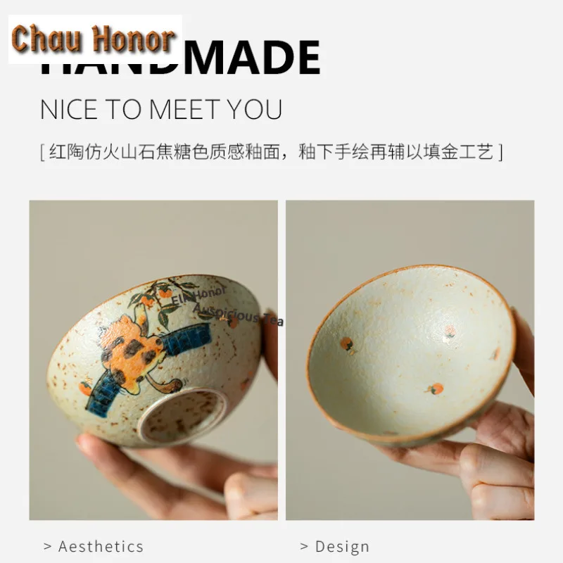 100ml Hand-drawn Orange Cat Teacup Luxury Tea Bowl Cute Cup Tea-tasting Fragrance Cup Jianzhan Master Cups Tea Services