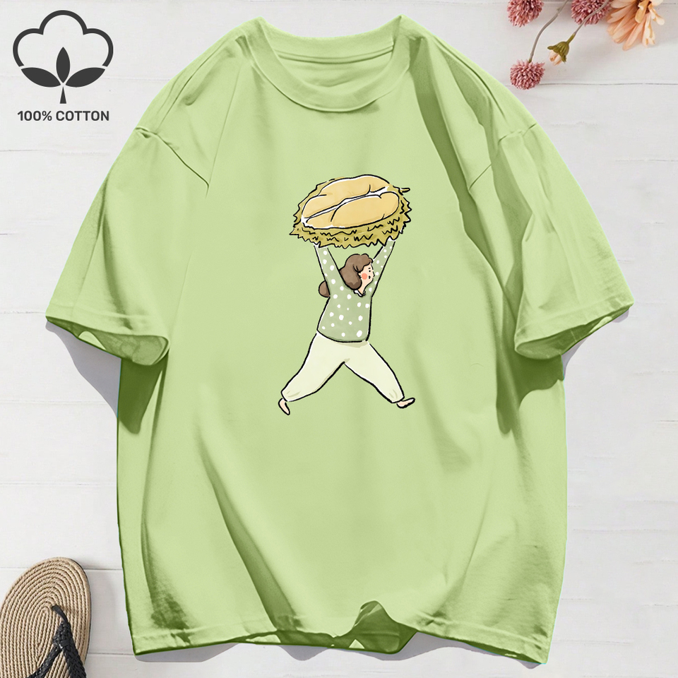 Summer T-Shirts Cotton Women A Girl Holding A Durian Creative Printed T Shirt O-Neck Comfortable Loose Tops Street Woman Clothes
