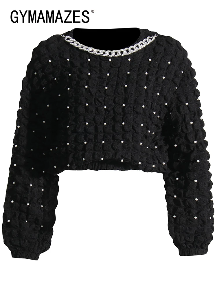

GYMAMAZES Loose Knitting Sweatshirts For Women Round Neck Long Sleeve Patchwork Chain Sweatshirt Female Fashion Autumn Clothes