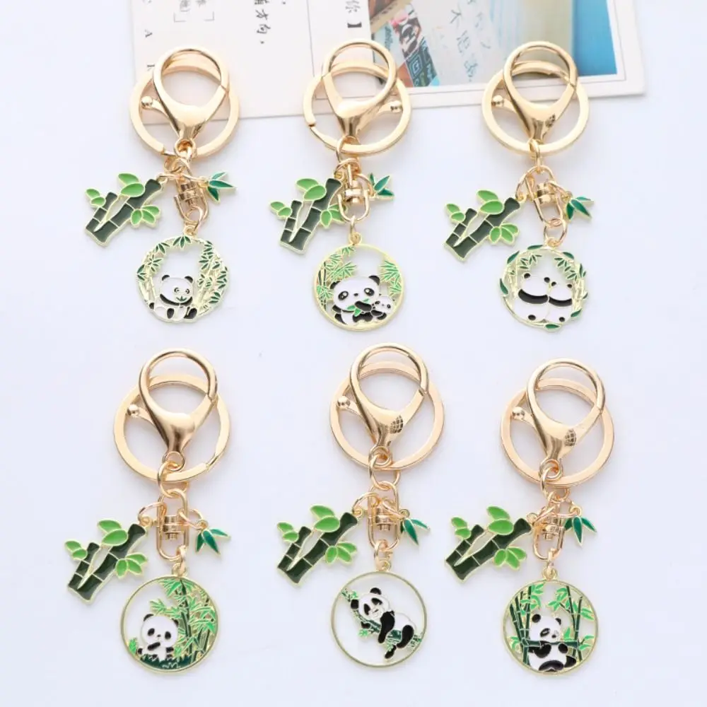 

Chinese Style Cute Panda Keychain Drop Glaze Bamboo Leaf Gold Color Keychian Bag Pendant Jewelry Girl Gift
