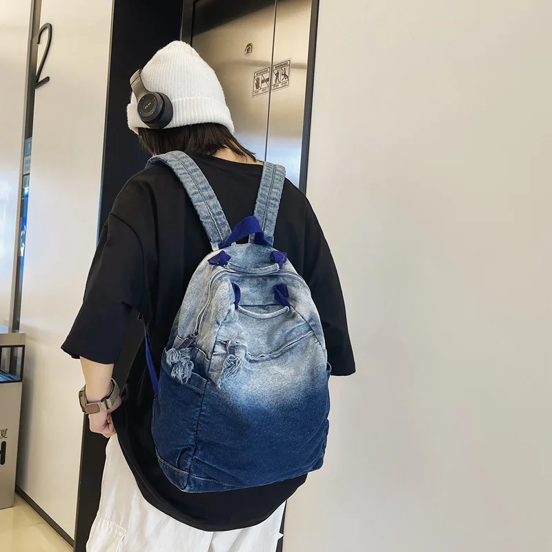 Women's Backpack 2024 New Gradient Washed Canvas Large Capacity Minimalist Denim Fashion Trend Backpack
