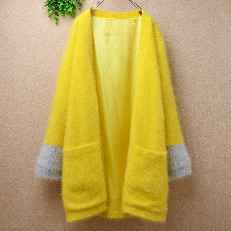 

female women autumn winter clothing hairy mink cashmere knitted long sleeves loose cardigan mantle angora fur coat sweater pull