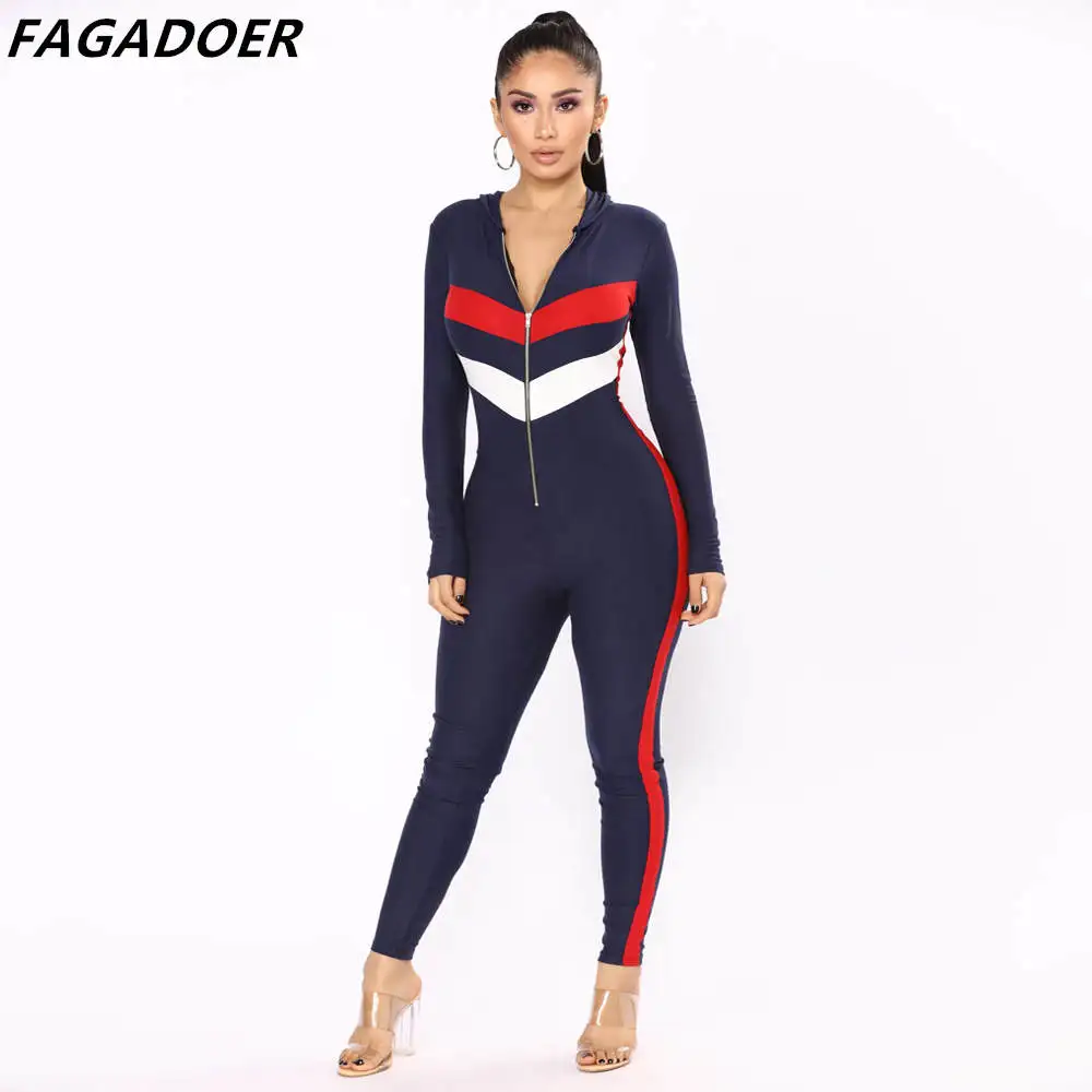 FAGADOER Fashion Women Color Patchwork Hooded Jumpsuits Female Zipper Long Sleeve Bodycon Rompers Fall Lady Sport Playsuits 2022
